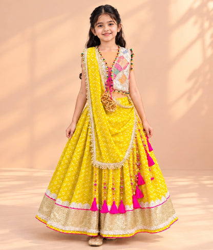 Offwhite Embroidered Choli with Yellow Bandhej Lehenga - Offwhite Embroidered Choli with Yellow Bandhej Lehenga
