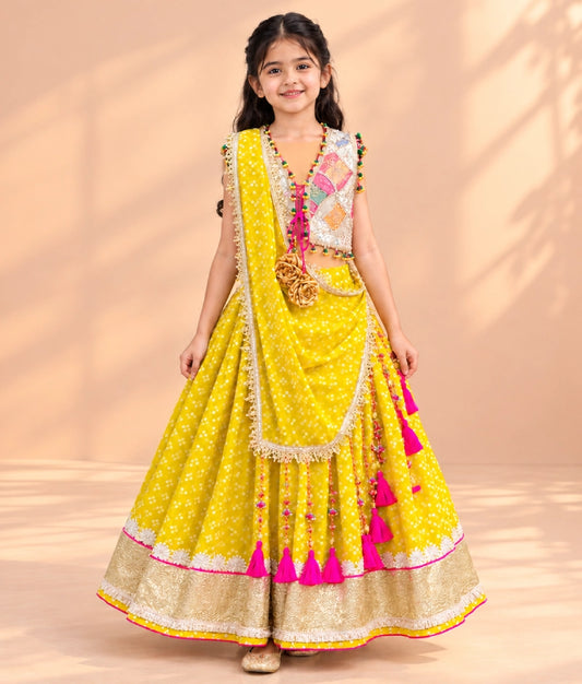 Offwhite Embroidered Choli with Yellow Bandhej Lehenga - Offwhite Embroidered Choli with Yellow Bandhej Lehenga