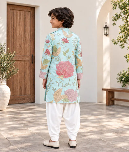 Aqua Embroidery Kurta with Off White Salwar for Boys