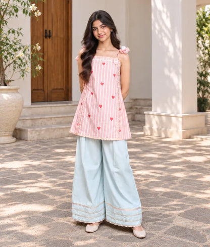 Peach Hearts & Stripe Printed Kurti with Blue Farshi Salwar