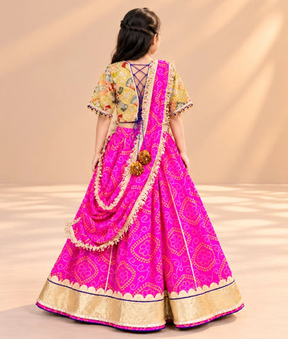 Mustard Embroidered Choli with Pink Bandhej Lehenga - Mustard Embroidered Choli with Pink Bandhej Lehenga