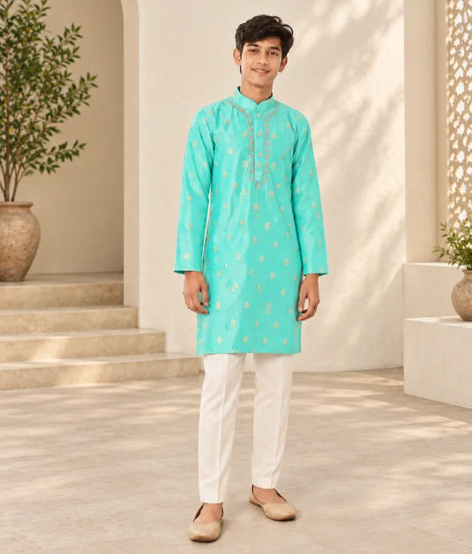 Aqua Chanderi Kurta with Pant for Boys