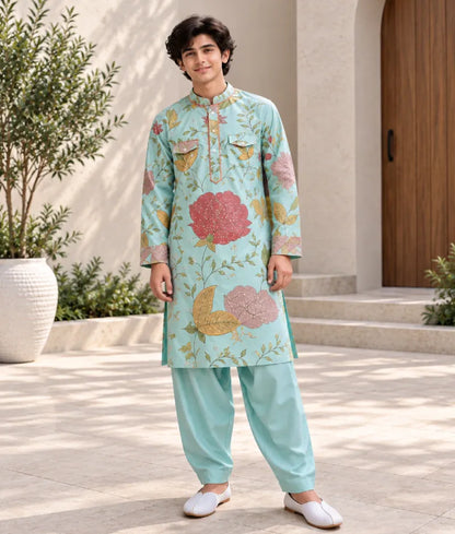 Aqua Embroidery Kurta with Salwar for Boys