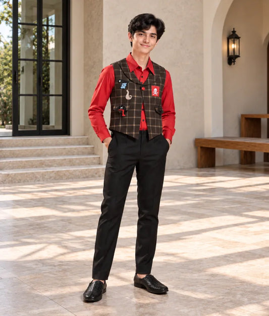 Red Shirt with Brown Checks Waist Coat and Pant for Boys