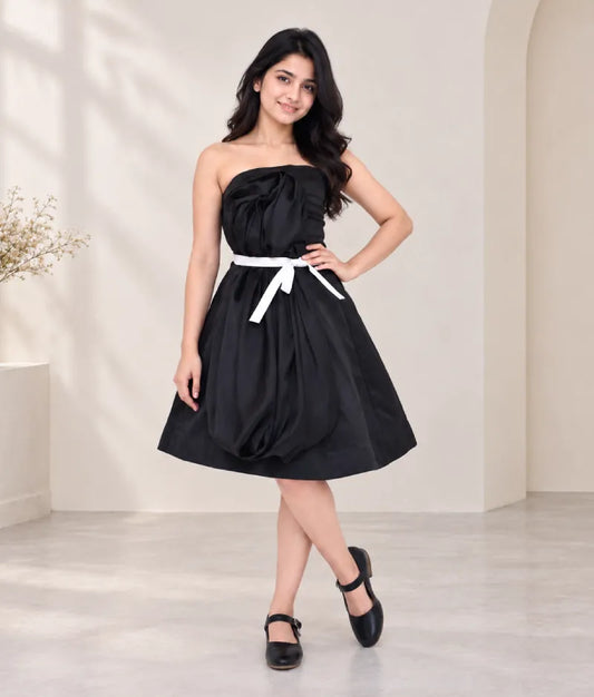 Black Silk Dress with Black Drape for Girls