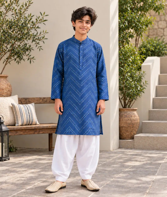 Blue Mirror Embroidered Kurta with Salwar