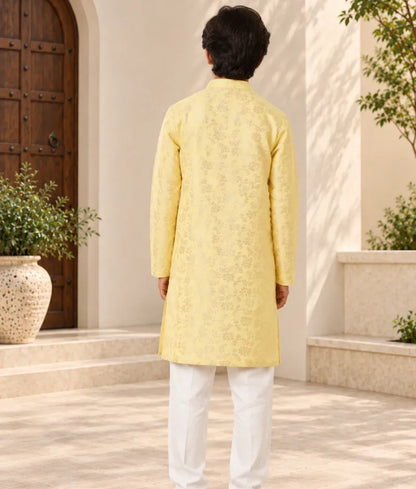 Yellow Chanderi Kurta with Pant for Boys