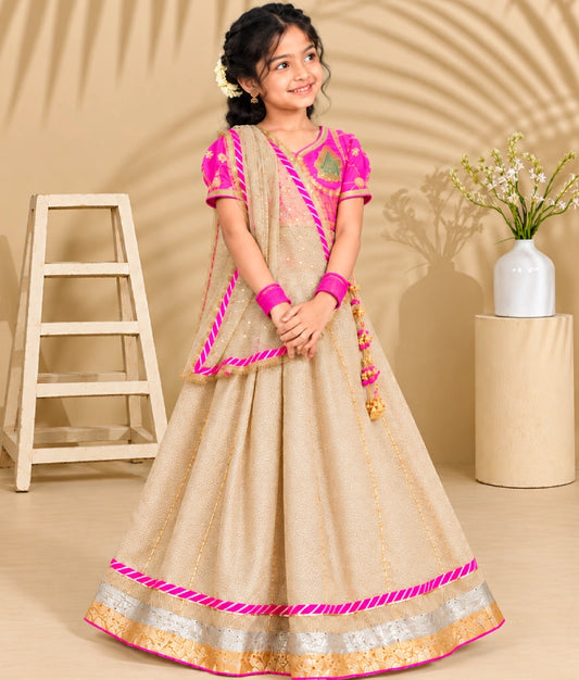 Neon Pink Aangi work Choli with Lehenga Set - Neon Pink Aangi work Choli with Lehenga Set
