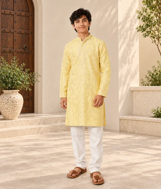 Yellow Chanderi Kurta with Pant for Boys