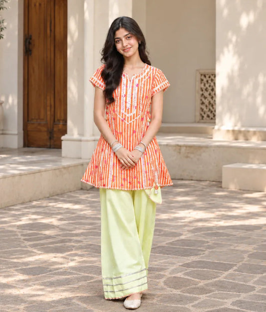 Orange Hearts & Stripe Printed Kurti with Yellow Farshi Salwar