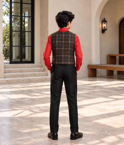 Red Shirt with Brown Checks Waist Coat and Pant for Boys