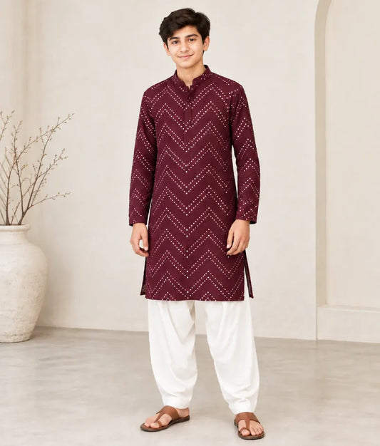 Wine Mirror Embroidered Kurta with Salwar