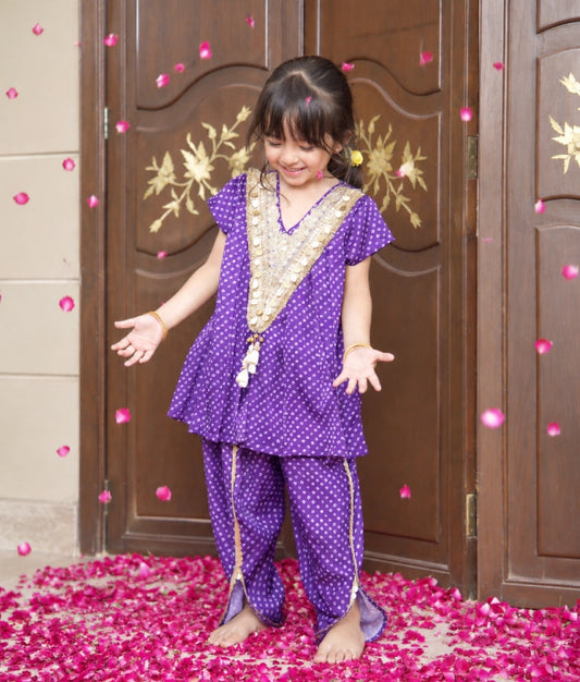 Purple Bandhej Kurti with Dhoti - Purple Bandhej Kurti with Dhoti