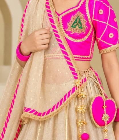 Neon Pink Aangi work Choli with Lehenga Set - Neon Pink Aangi work Choli with Lehenga Set