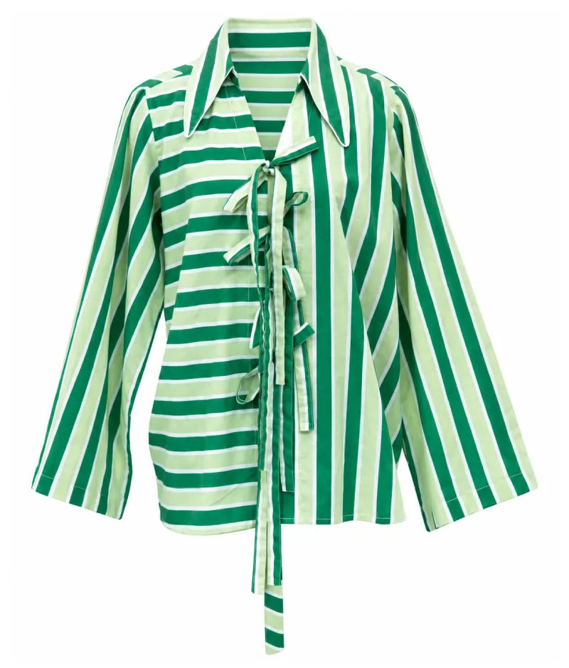 Green Stripe Printed Tie Knote Shirt