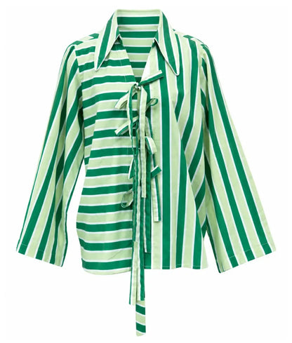 Green Stripe Printed Tie Knote Shirt - Green Stripe Printed Tie Knote Shirt