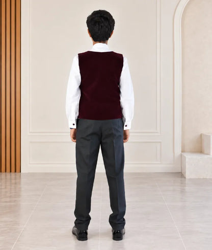 Maroon Velvet Waist Coat with White Shirt and Black Pant for Boys