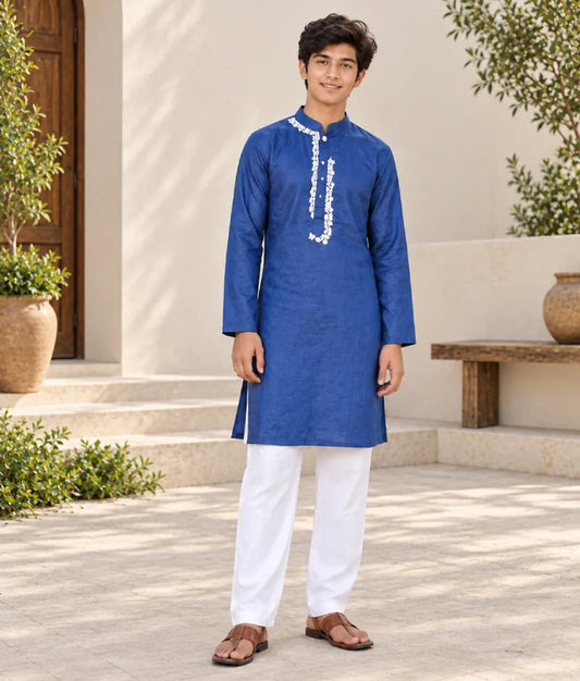 Blue Kurta with Dori Embroidery and Pant for Boys
