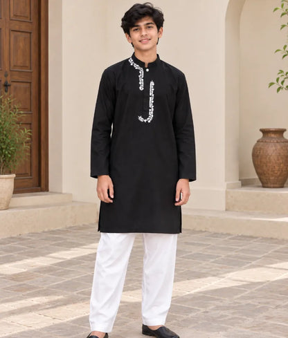 Black Kurta with Dori Embroidery and Pant for Boys