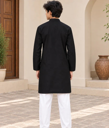 Black Kurta with Dori Embroidery and Pant for Boys