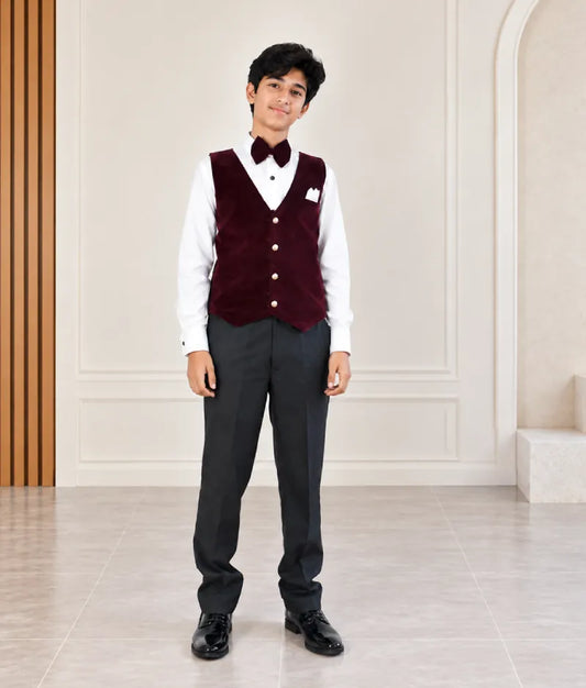 Maroon Velvet Waist Coat with White Shirt and Black Pant for Boys
