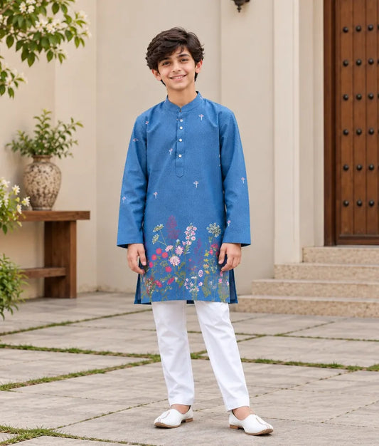 Blue Denim Embroidered Kurta with Pant