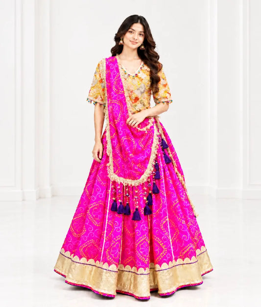 Mustard Embroidered Choli with Pink Bandhej Lehenga