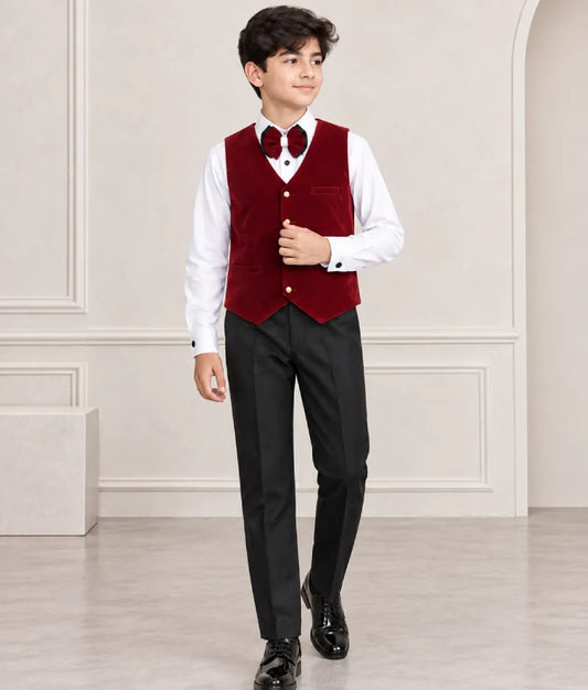 Red Velvet Waist Coat with White Shirt and Black Pant for Boys