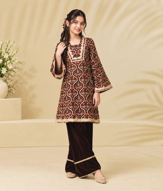 Brown Printed Velvet Kurti with Salwar