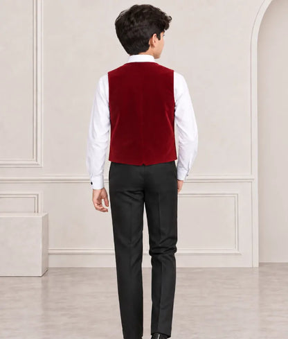 Red Velvet Waist Coat with White Shirt and Black Pant for Boys