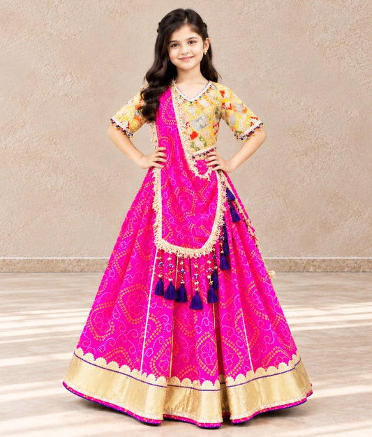 Mustard Embroidered Choli with Pink Bandhej Lehenga - Mustard Embroidered Choli with Pink Bandhej Lehenga