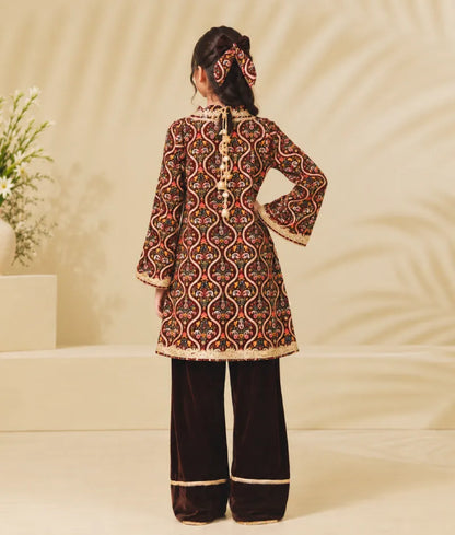 Brown Printed Velvet Kurti with Salwar