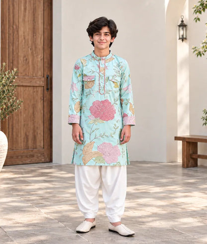 Aqua Embroidery Kurta with Off White Salwar for Boys