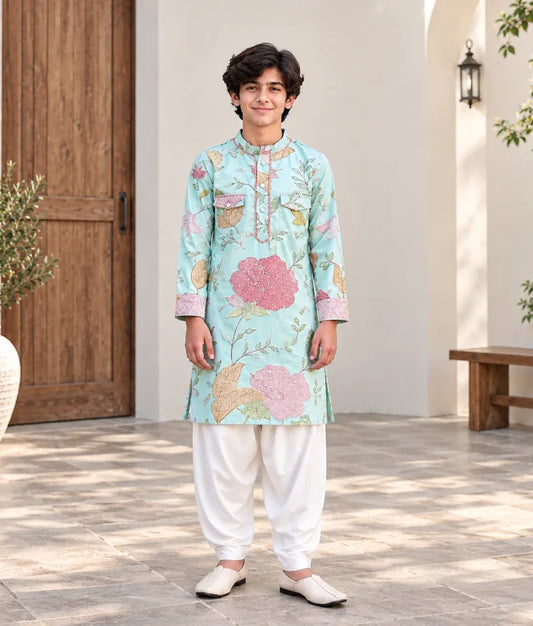 Aqua Embroidery Kurta with Off White Salwar for Boys