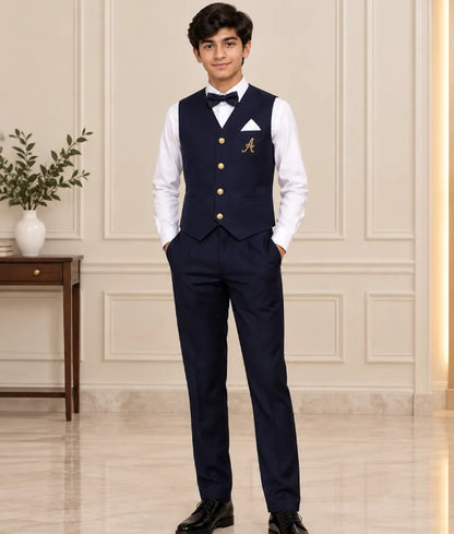 Blue Waist Coat with White Shirt Pant for Boys
