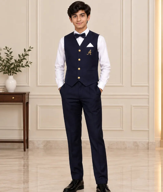 Blue Waist Coat with White Shirt Pant for Boys