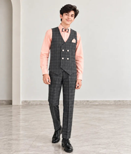 Dark Blue Check Waist Coat Set with Peach Shirt Pant for Boys