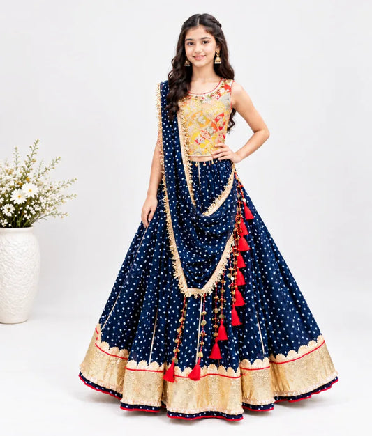 Mustard Embroidered Choli with Royal Blue Bandhej Lehenga