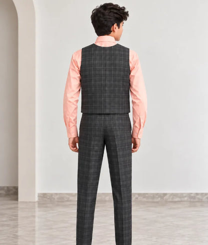 Dark Blue Check Waist Coat Set with Peach Shirt Pant for Boys