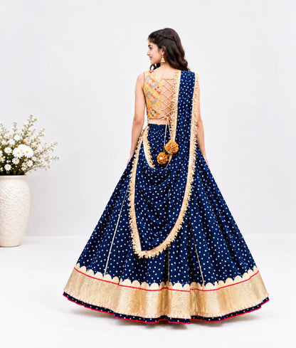 Mustard Embroidered Choli with Royal Blue Bandhej Lehenga