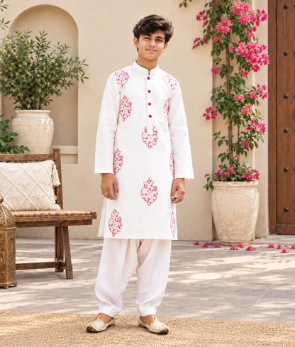 Off White Kurta and Pink Salwar for Boys