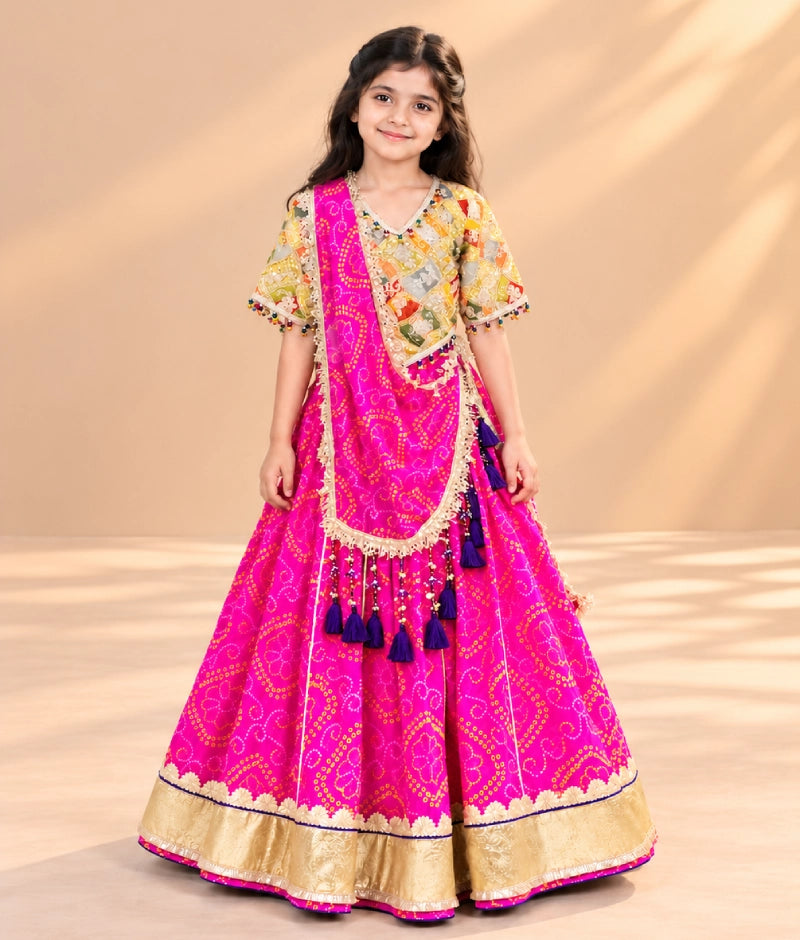 Mustard Embroidered Choli with Pink Bandhej Lehenga