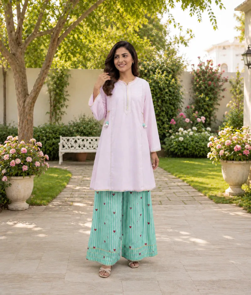 Label Baby Pink Kurti with Stripe & Hearts Printed Farshi Salwar