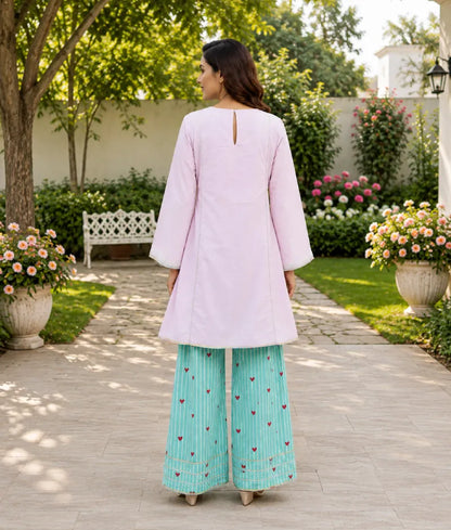 Label Baby Pink Kurti with Stripe & Hearts Printed Farshi Salwar