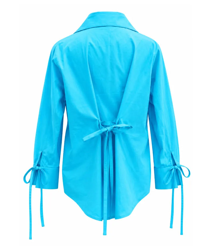 Label Blue Embroidered Tie Knote Linen Shirt