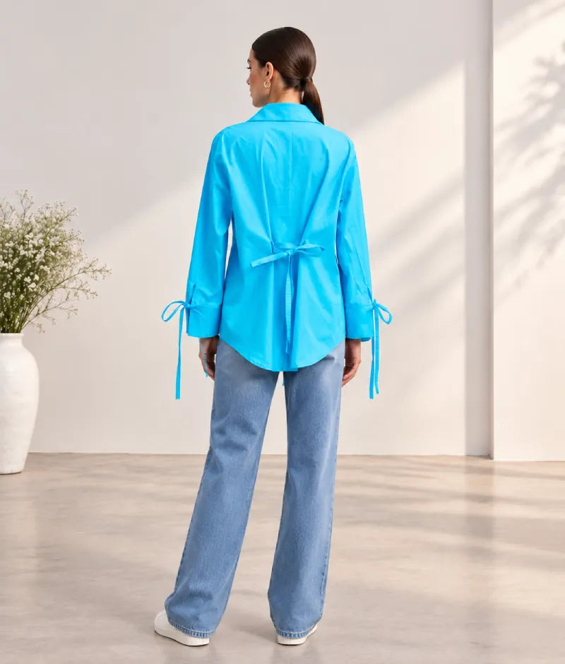 Label Blue Embroidered Tie Knote Linen Shirt