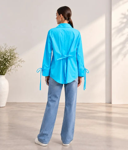 Blue Embroidered Tie Knote Linen Shirt - Label Blue Embroidered Tie Knote Linen Shirt