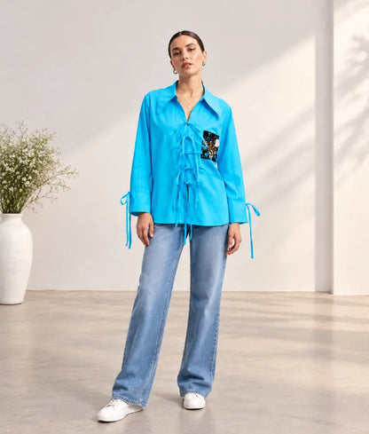 Blue Embroidered Tie Knote Linen Shirt - Label Blue Embroidered Tie Knote Linen Shirt