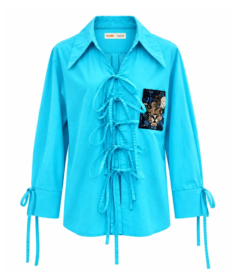 Label Blue Embroidered Tie Knote Linen Shirt