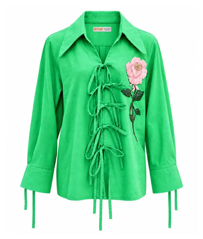 Green Embroidered Tie Knote Linen Shirt - Label Green Embroidered Tie Knote Linen Shirt